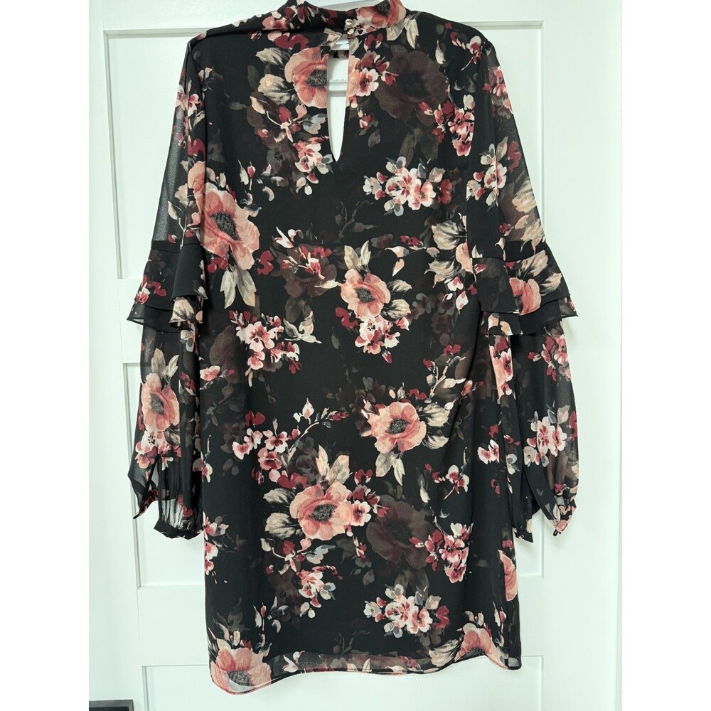 WHBM Black and Pink Floral Sheer Shift V-Neck Choker Dress Size S